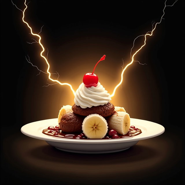 A visually appealing illustration of a small Banana Split served on a white plate