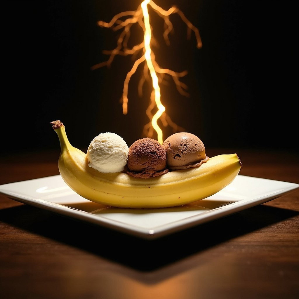 A beautifully arranged small Banana Split served on a white square plate, featuring a longitudinally halved peeled banana with scoops of chocolate and vanilla ice cream nestled in the center