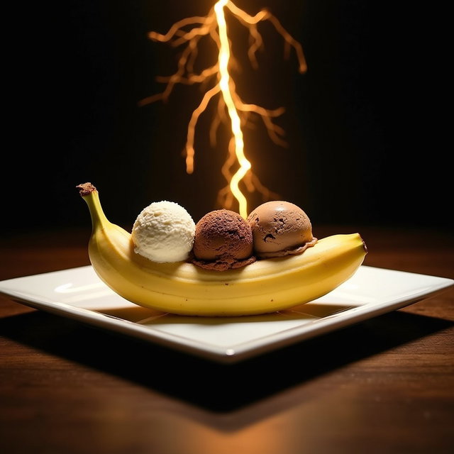 A beautifully arranged small Banana Split served on a white square plate, featuring a longitudinally halved peeled banana with scoops of chocolate and vanilla ice cream nestled in the center
