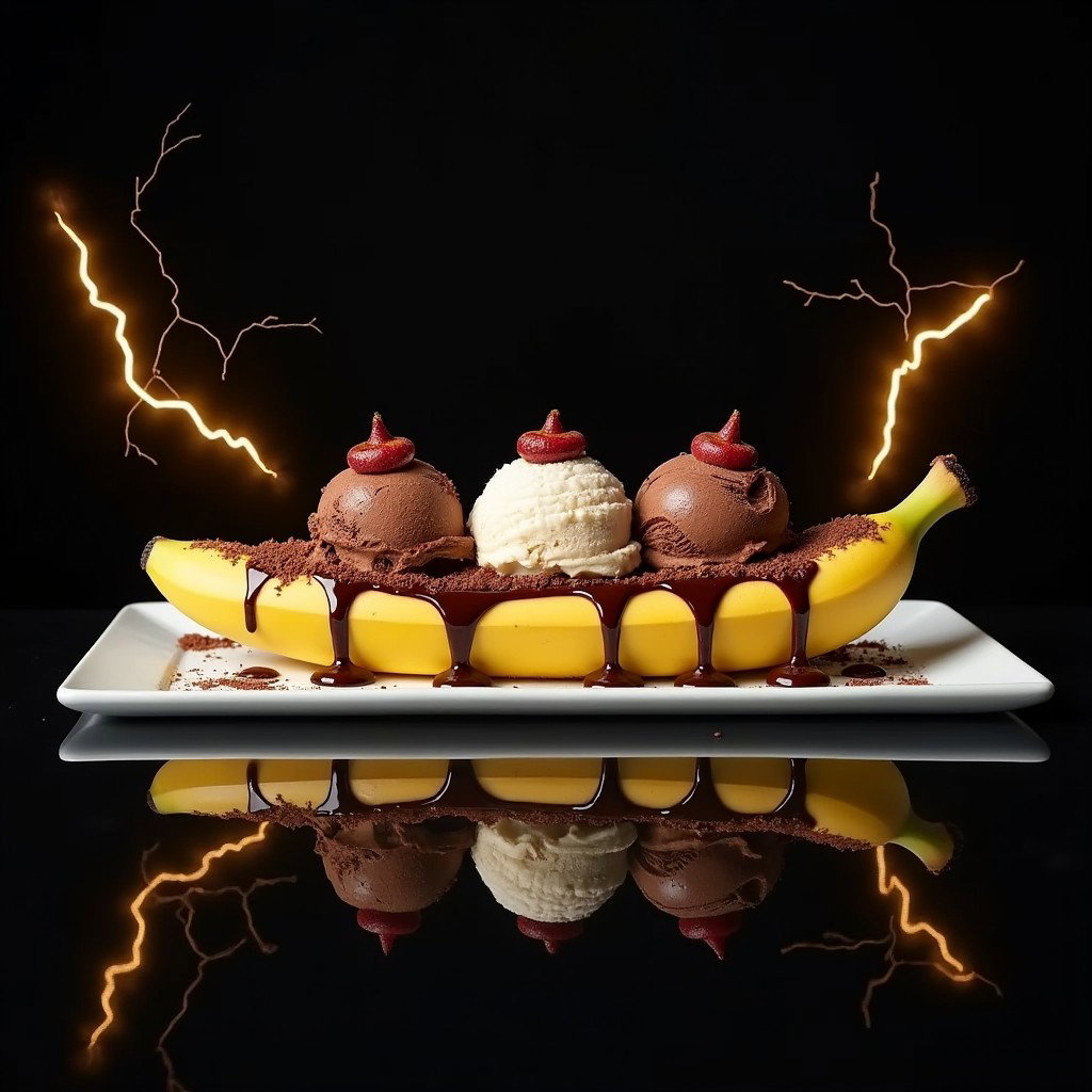 A delightful dessert showcase of a Banana Split, featuring a smaller-sized, longitudinally sliced peeled banana, beautifully arranged on a white square plate