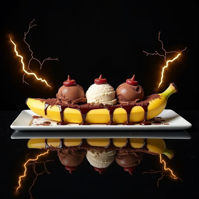 A delightful dessert showcase of a Banana Split, featuring a smaller-sized, longitudinally sliced peeled banana, beautifully arranged on a white square plate