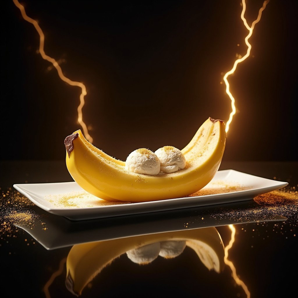 A stunningly crafted digital artwork of a Banana Split dessert, featuring a peeled banana lengthwise split in half with two scoops of ice cream nestled in the center