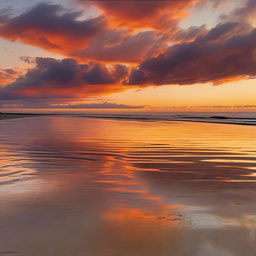 A tranquil beach scene at sunset. The setting sun paints the sky in vibrant hues of orange and crimson, reflecting on the calm waters, creating an atmosphere of peace.