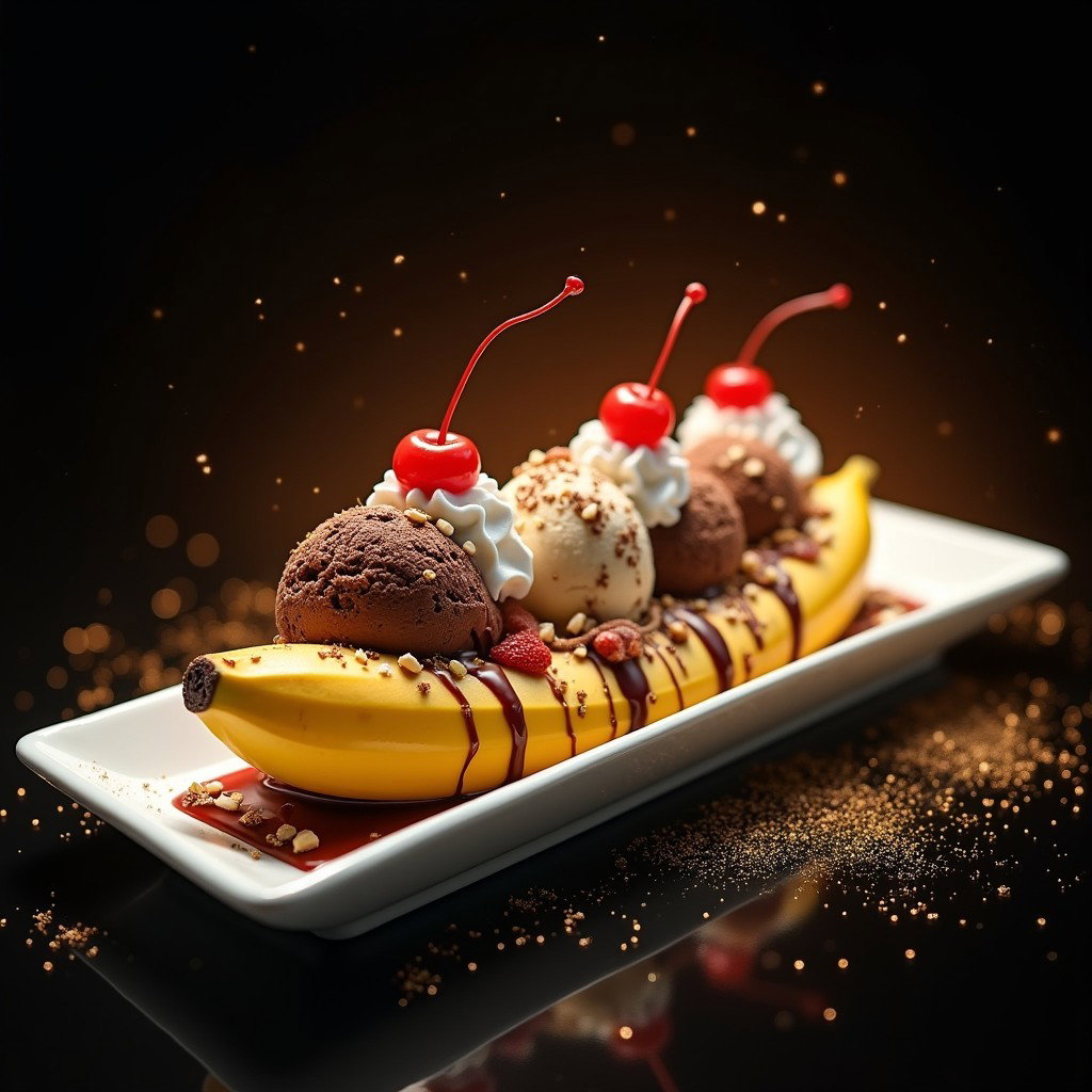 A stunning digital artwork of a classic Banana Split dessert, where a banana is split lengthwise and elegantly placed in a long rectangular dish