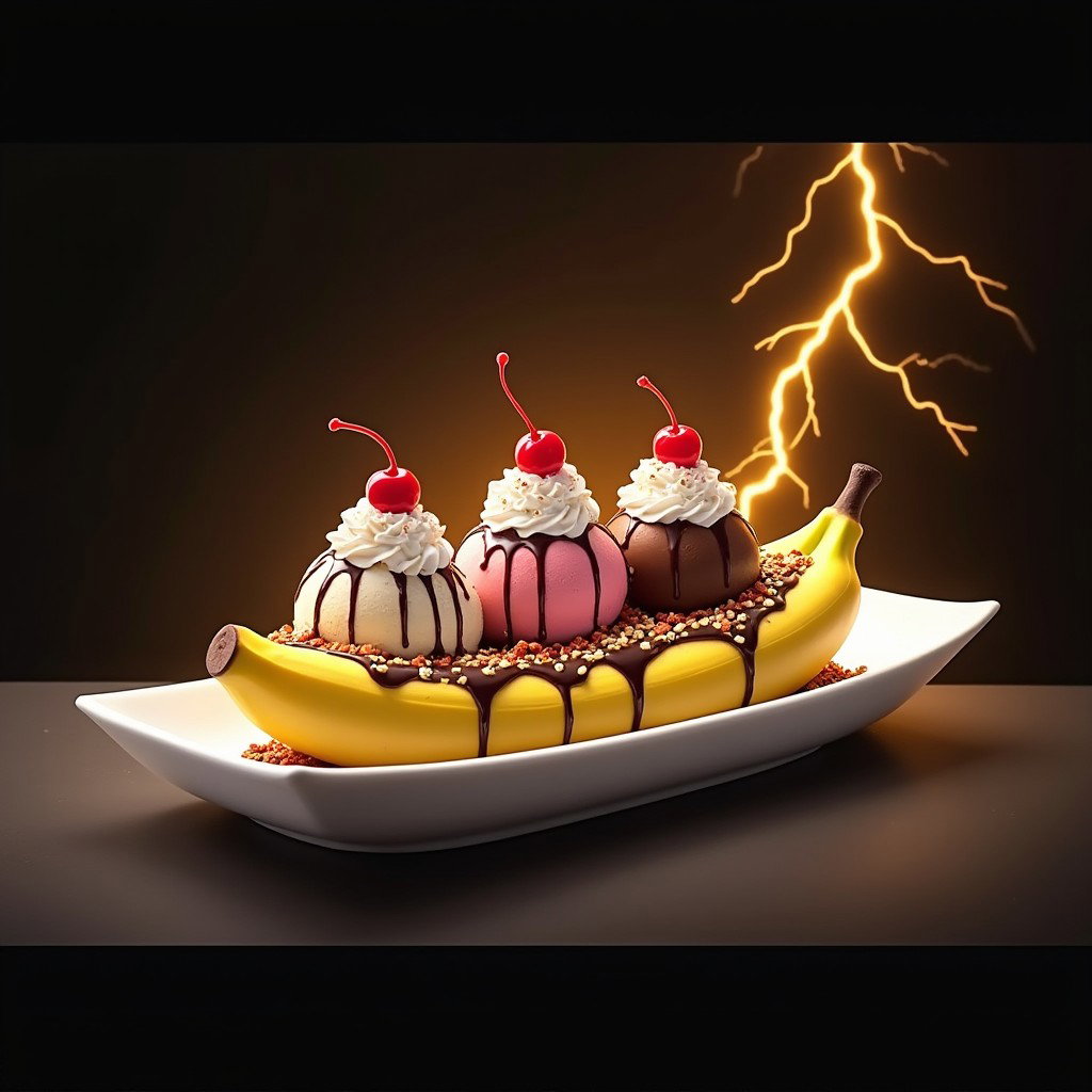 A beautifully composed digital artwork of a classic banana split dessert, featuring a peeled banana split lengthwise and elegantly placed in a white elongated rectangular dish