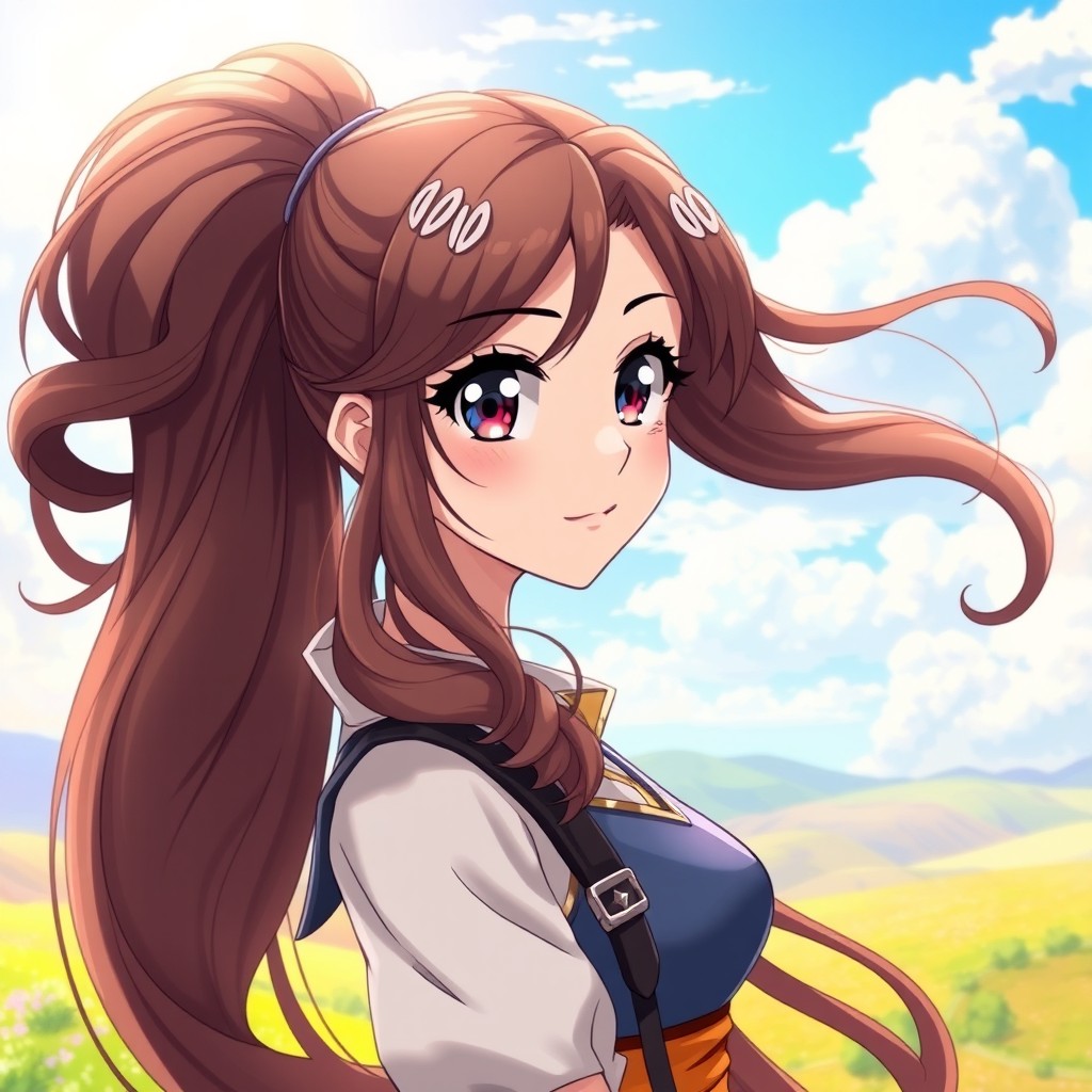 A stunning anime woman with long, flowing brown curvy hair cascading down her back, striking an enchanting pose
