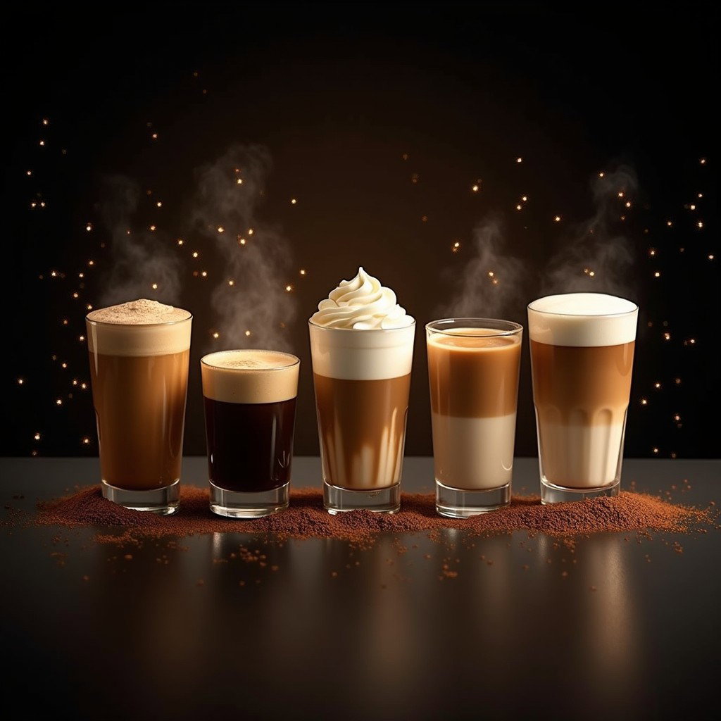 A beautiful arrangement of various coffee beverages including a rich coffee, a shot of espresso, a creamy macchiato, a smooth latte, and a frothy cappuccino, all positioned side by side on a sleek surface