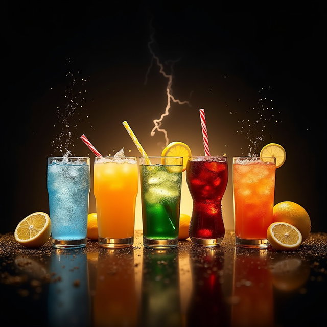 A visually captivating arrangement of beverages including water, pop, soda, and juice, all placed side by side in an elegant display