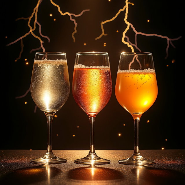 A visually appealing arrangement of three glasses lined up side by side, each containing different beverages: clear water, fizzy soda, and vibrant fruit juice