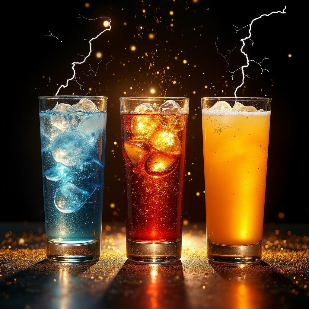A captivating arrangement of three glasses filled with different beverages: water, soda, and juice, lined up side by side