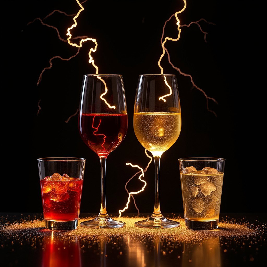 An elegant display featuring two wine glasses, one filled with red wine and the other with white wine, placed side by side
