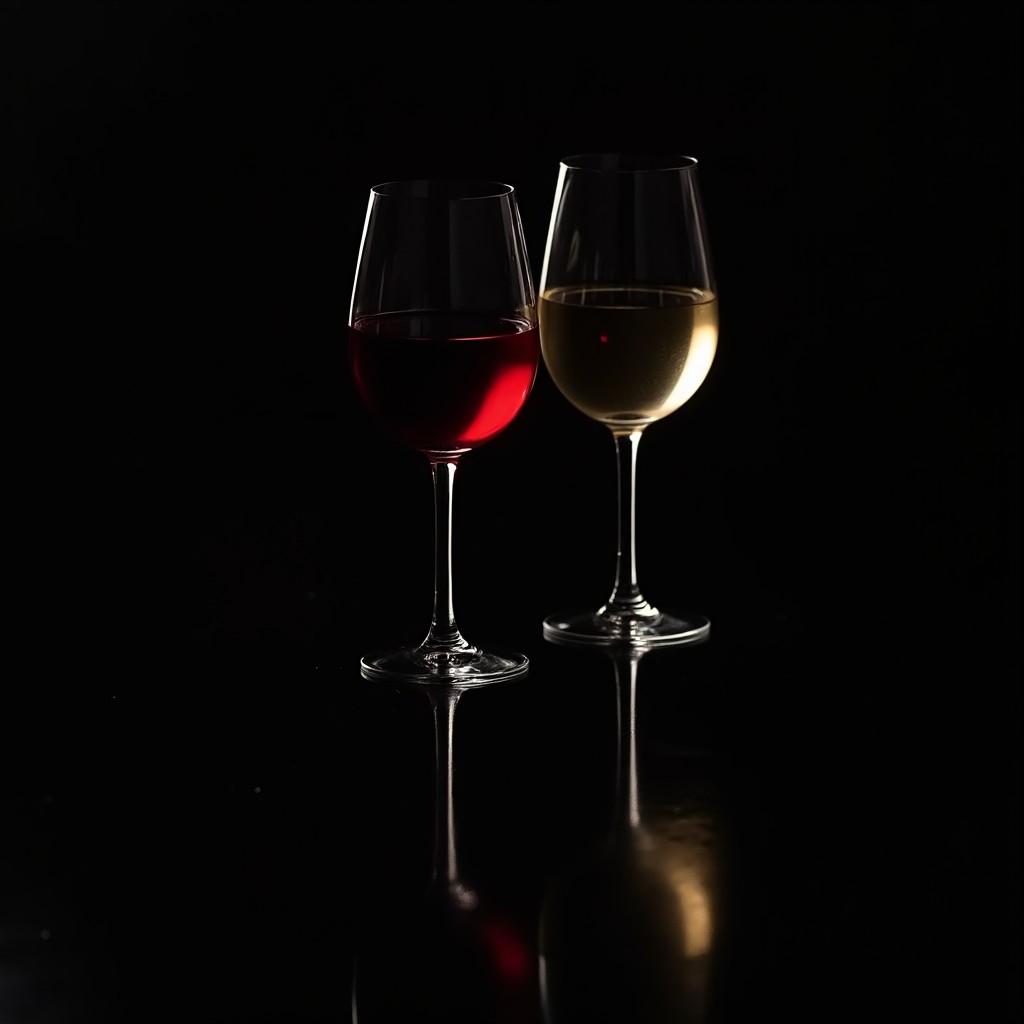 An elegant composition showcasing one red wine glass and one white wine glass positioned side by side, beautifully reflecting the allure of fine wine