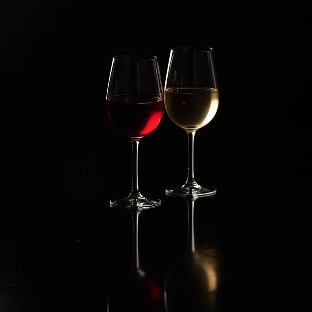 An elegant composition showcasing one red wine glass and one white wine glass positioned side by side, beautifully reflecting the allure of fine wine