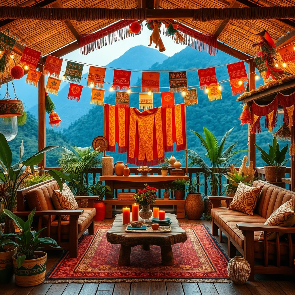A warm, inviting space that embodies the concept of a modern rustic carnival with a mountainous backdrop
