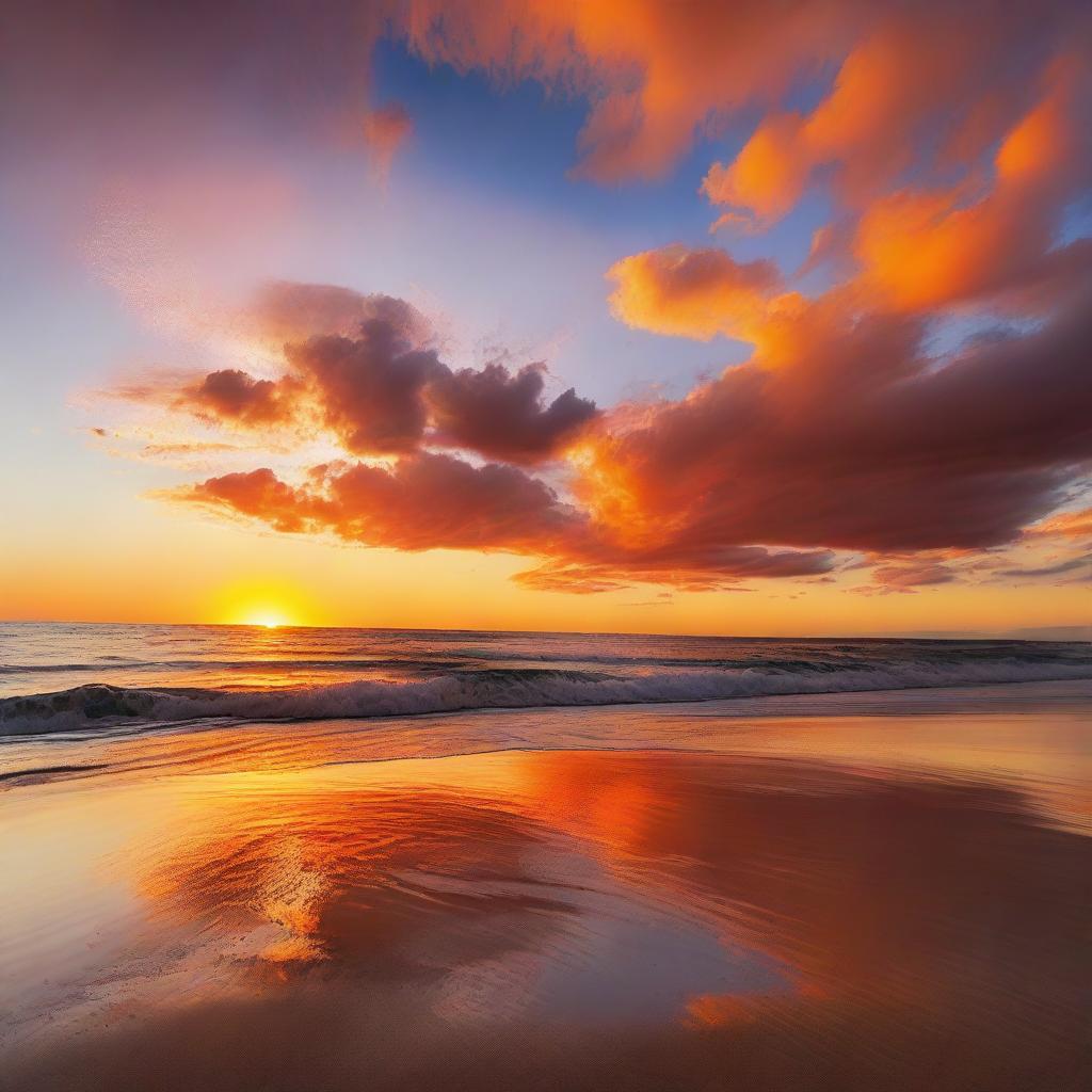 A tranquil beach scene at sunset. The setting sun paints the sky in vibrant hues of orange and crimson, reflecting on the calm waters, creating an atmosphere of peace.