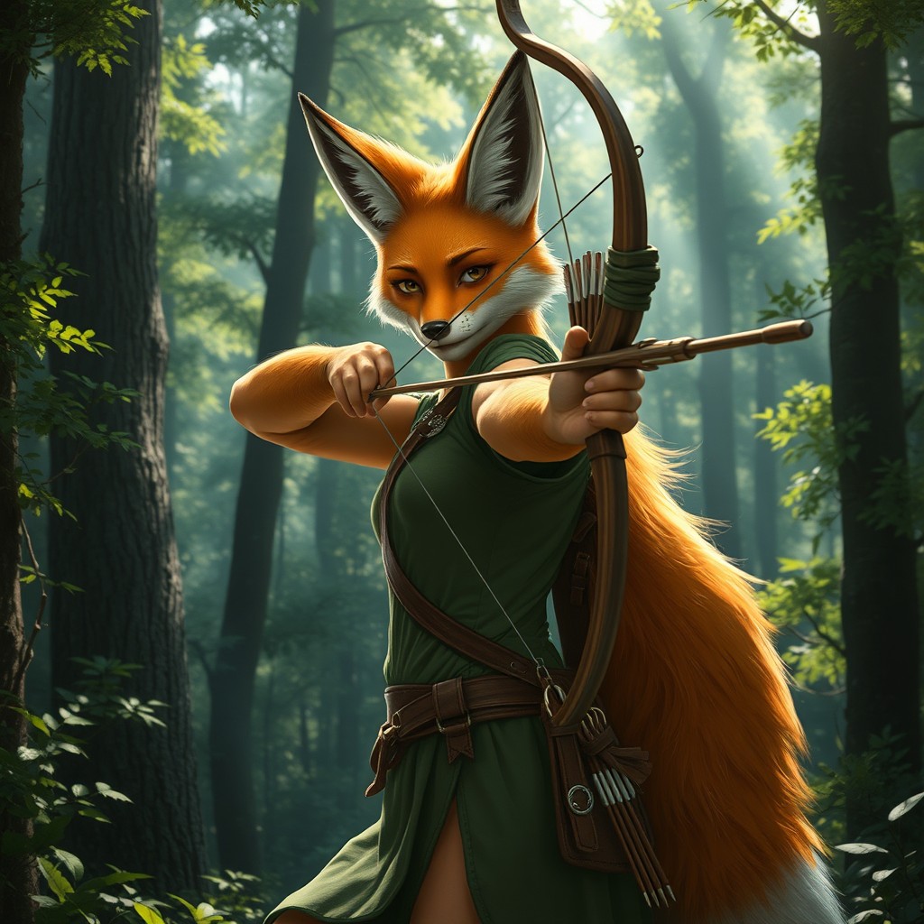 An anthropomorphic female fox archer positioned elegantly in a dense forest