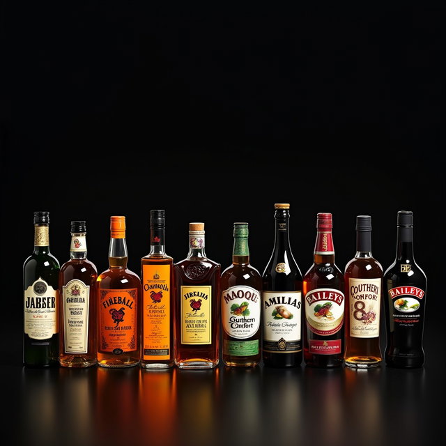 A visually striking display of various liquor bottles arranged side by side in an artistic layout on a sleek black background