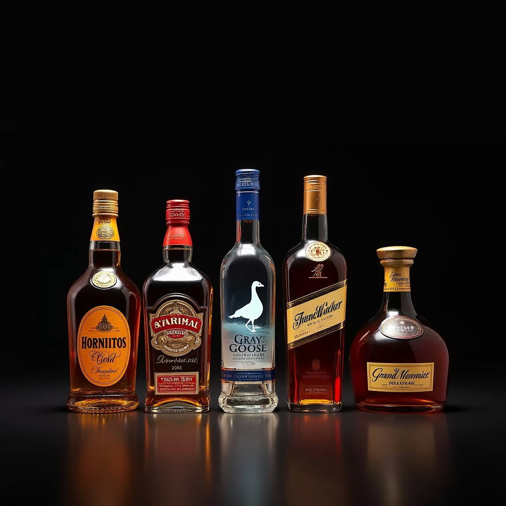A sophisticated digital still life composition featuring a selection of premium liquors: Hornitos Gold Tequila, Chivas Regal, Grey Goose Vodka, Johnnie Walker Black Label, Hennessy VS Cognac, and Grand Marnier