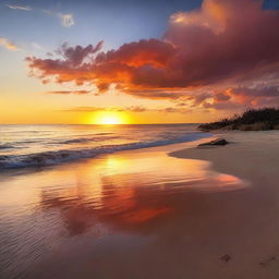 A tranquil beach scene at sunset. The setting sun paints the sky in vibrant hues of orange and crimson, reflecting on the calm waters, creating an atmosphere of peace.