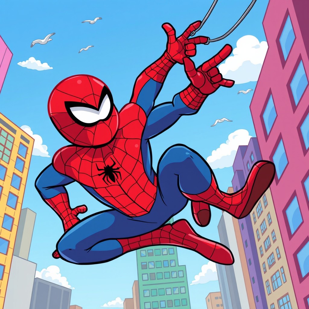A vibrant and dynamic scene of Spider-Man in his classic cartoon style, swinging through the cityscape with colorful skyscrapers in the background
