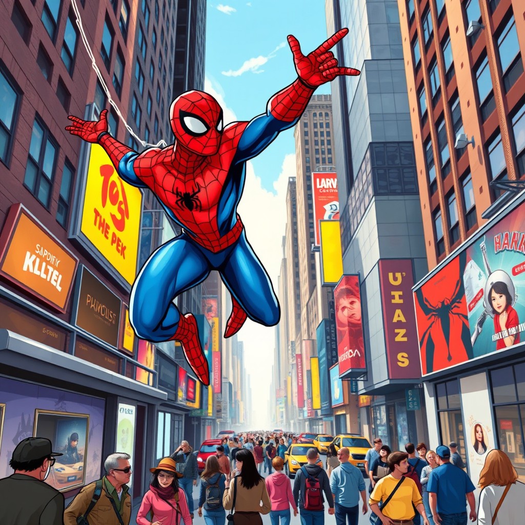 A vibrant and dynamic illustration of Spider-Man in a classic animated style, showcasing him swinging through the bustling streets of New York City