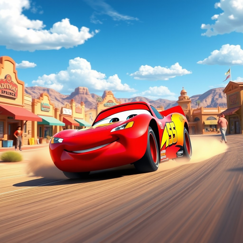A vibrant scene featuring Lightning McQueen, the animated red race car with a sleek design, big expressive eyes, and a cheeky smile, racing on a sunny day in Radiator Springs