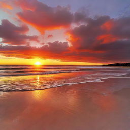 A tranquil beach scene at sunset. The setting sun paints the sky in vibrant hues of orange and crimson, reflecting on the calm waters, creating an atmosphere of peace.