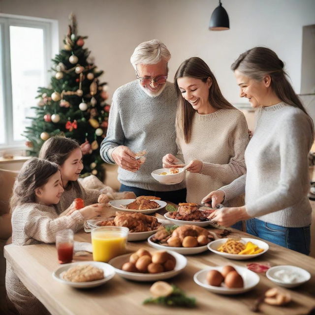 A joyful family preparing Christmas and New Year's food together and exchanging gifts in a warm environment. Parents not too old are present, along with their daughters aged 21, 19 and 18.