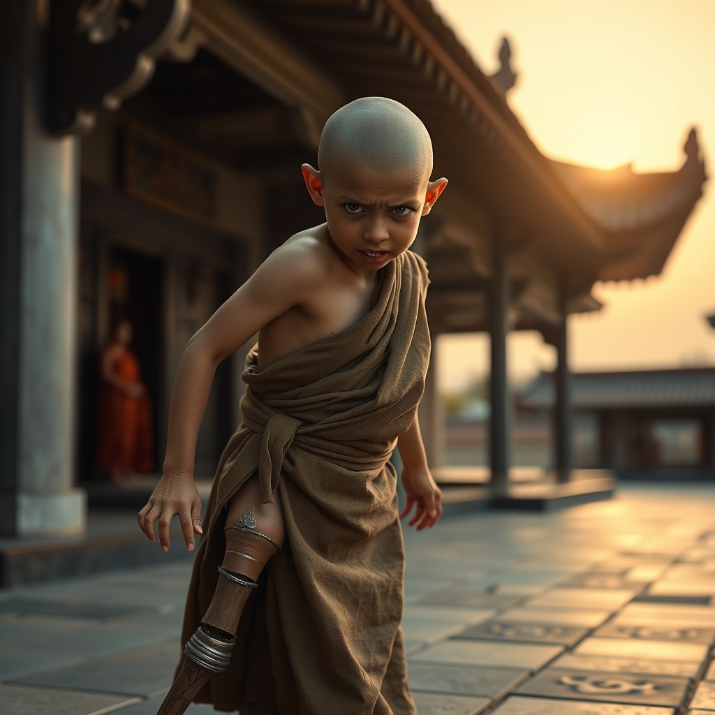 A bald 13-year-old boy, wearing simple monk robes, standing in a primal, animalistic pose, showcasing deep rage