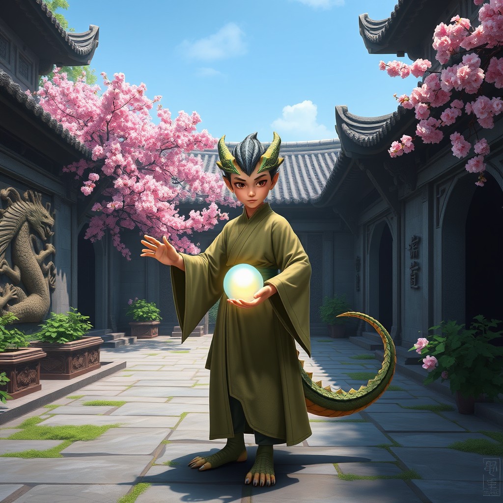 A young draconic monk standing in a serene temple courtyard, surrounded by ancient stone walls adorned with intricate carvings of dragons and nature