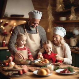 A loving family working together to cook a sumptuous meal in a warm, cozy kitchen, while joyfully exchanging gifts with each other under the glow of festive decorations