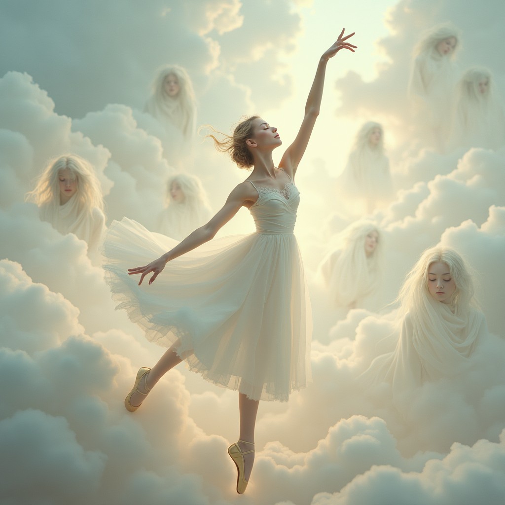 A surreal and dreamlike depiction of a dancer gracefully performing a ballet routine against a backdrop of ethereal clouds and floating memories, each memory represented as faint, ghostly images swirling around