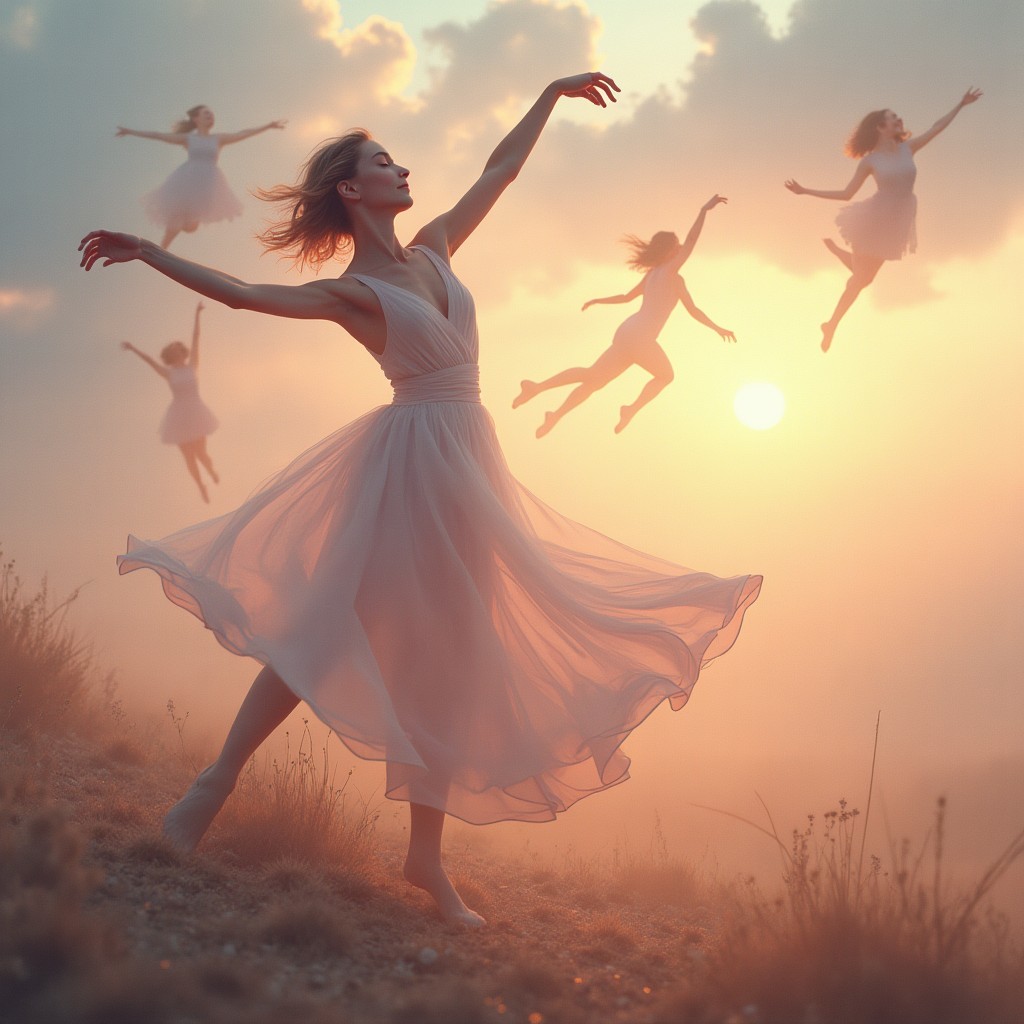 A surreal and dreamlike portrayal of a dancer intertwining with soft, swirling memories in a whimsical landscape