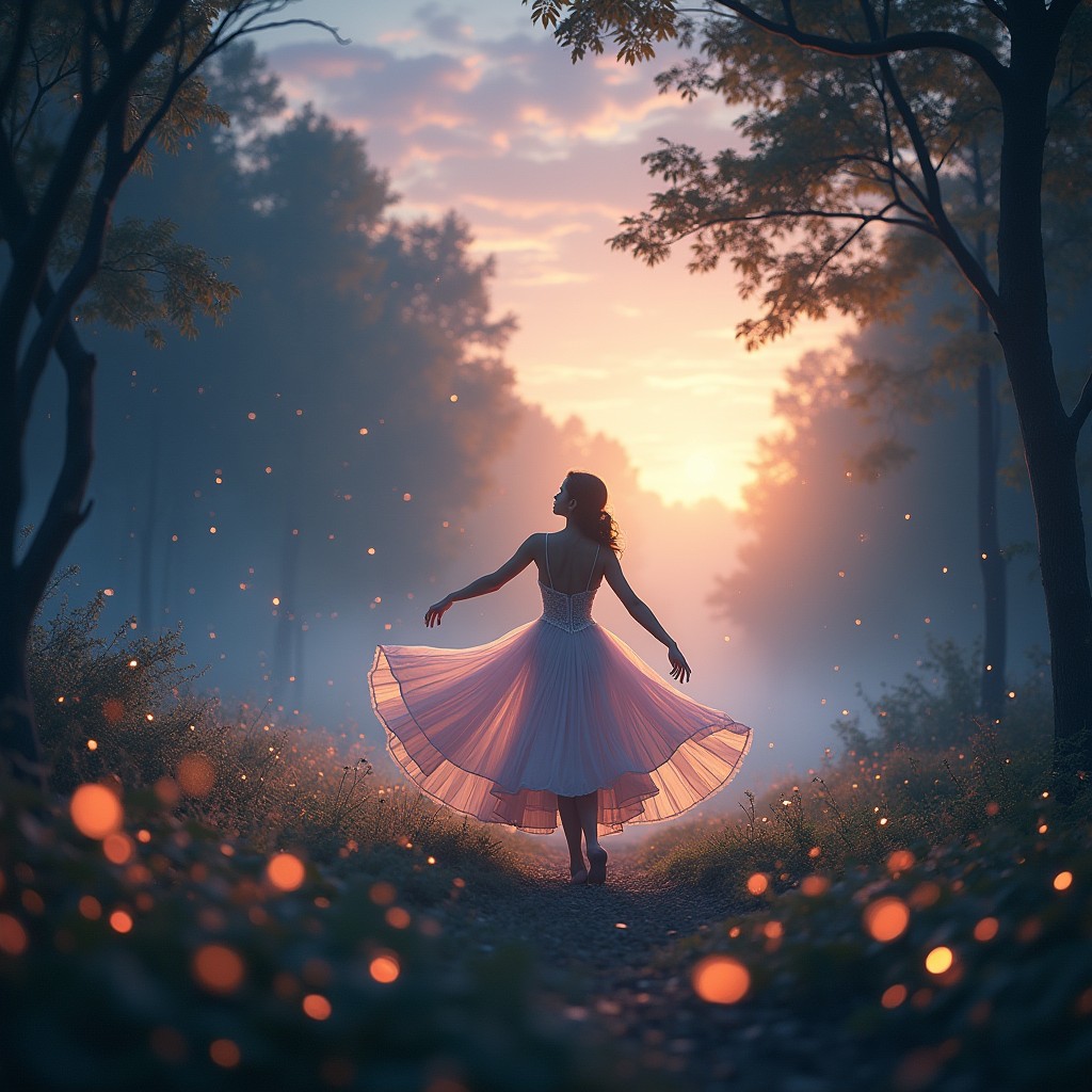 An enchanting scene depicting a solitary dancer performing in a lush, dreamlike forest filled with ethereal, floating lights and soft, shimmering particles