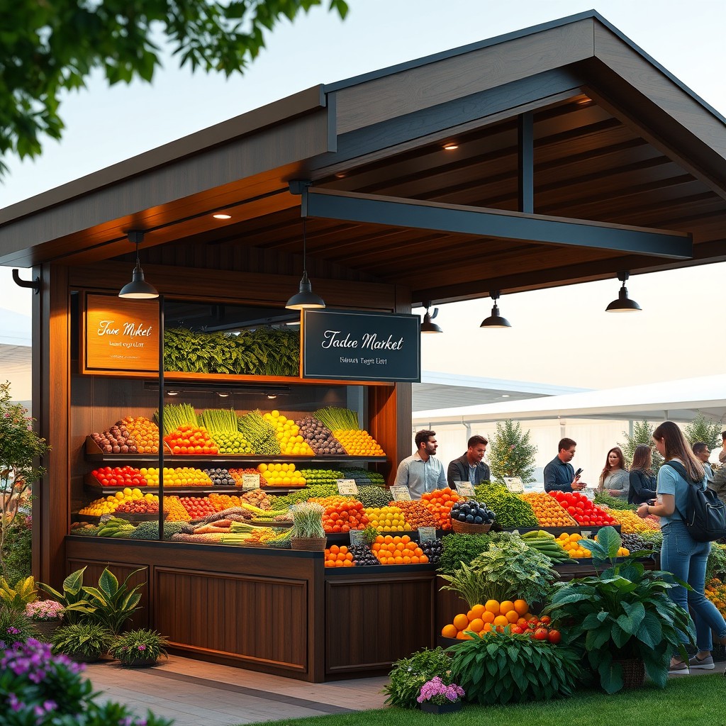 A premium-grade stationary market pavilion designed for selling fresh vegetables and fruits, featuring an elegant, deep brown wooden facade with modern architectural elements
