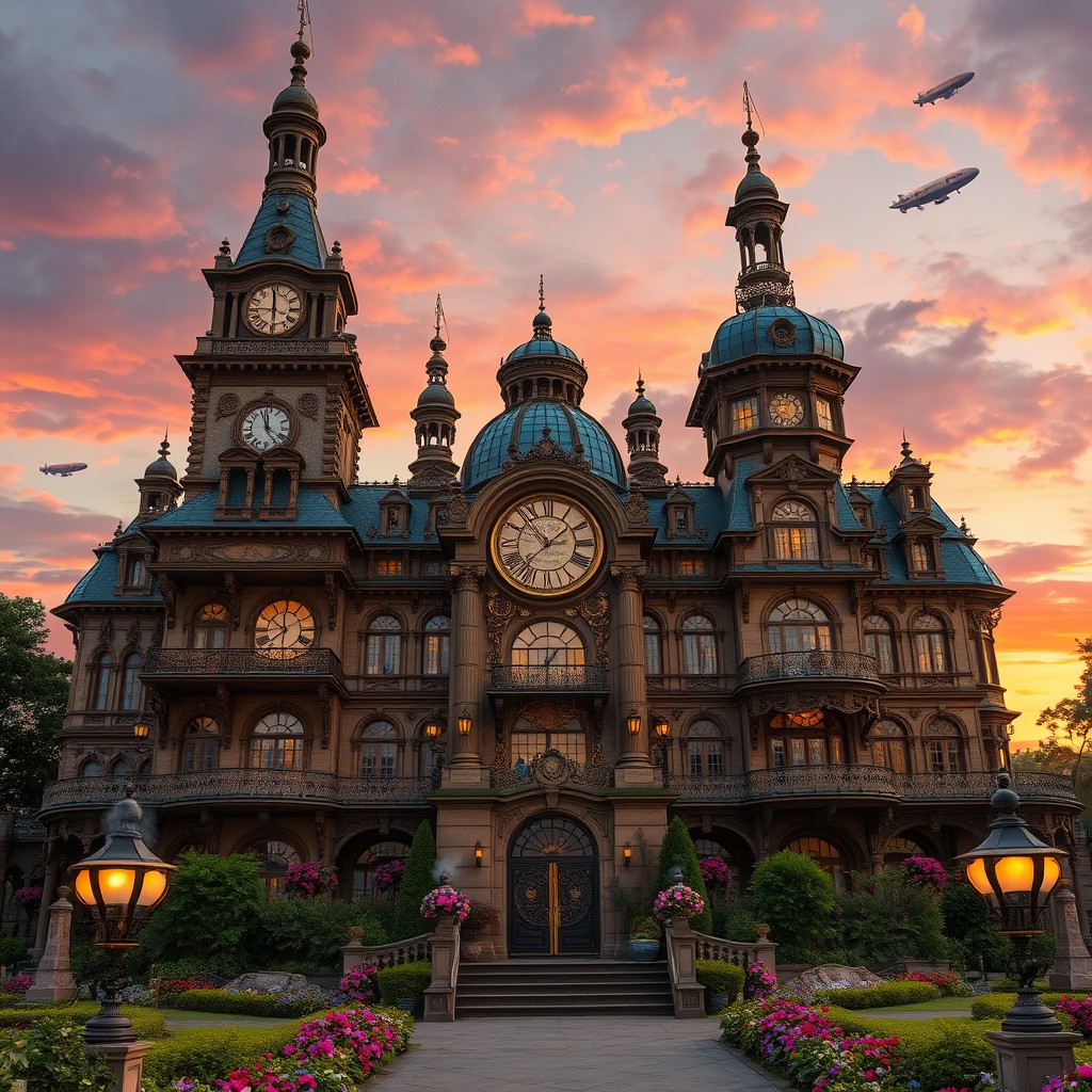 A stunning Victorian Steampunk palace featuring intricate clockwork mechanisms, towering spires, and beautifully ornate architecture