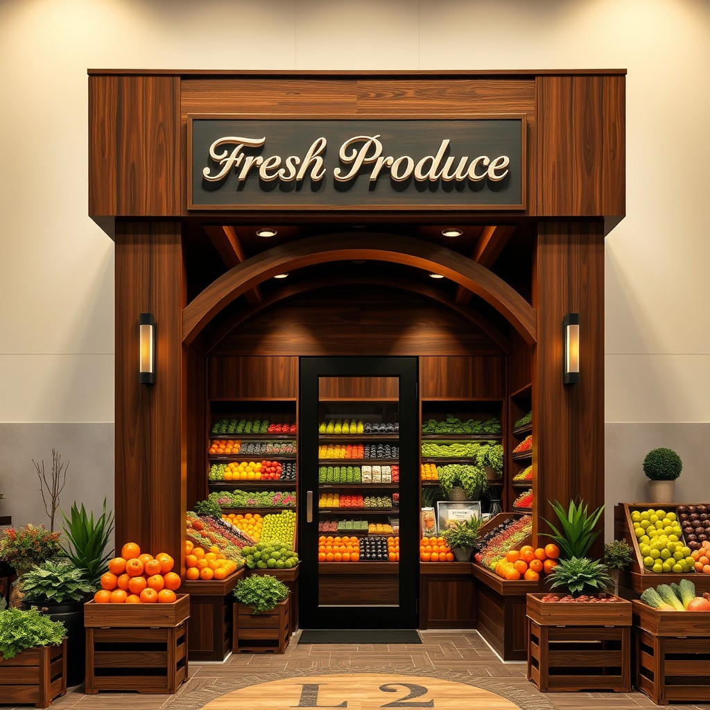 A premium-grade stationary indoor market pavilion for selling vegetables and fruits, featuring a rich, dark brown wooden exterior with smooth, polished finishes and no glass showcases