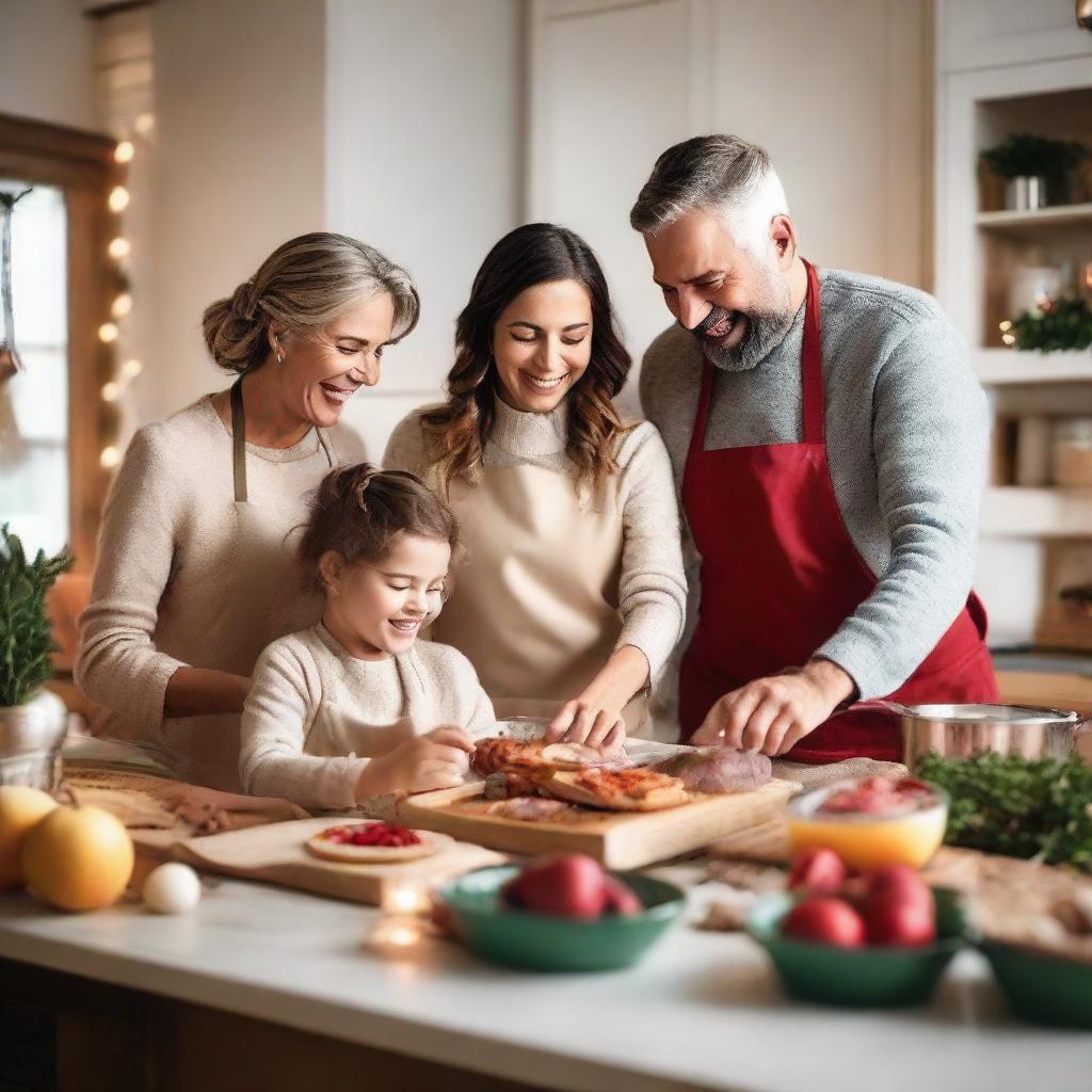 A loving family working together to cook a sumptuous meal in a warm, cozy kitchen, while joyfully exchanging gifts with each other under the glow of festive decorations