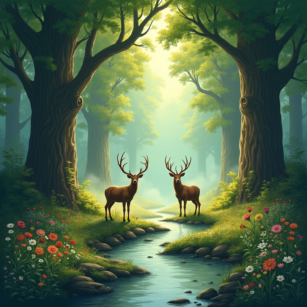 A serene and enchanting forest scene titled "Where Wild Hearts Surrender," showcasing a magical clearing surrounded by towering ancient trees adorned with lush green foliage