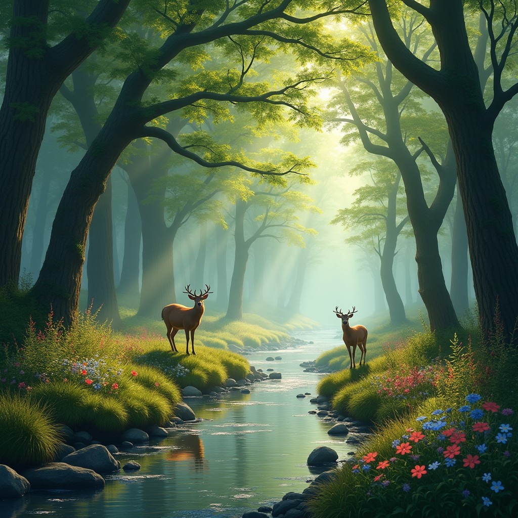 An enchanting forest scene titled "Where Wild Hearts Surrender," capturing a magical clearing enveloped by tall, majestic trees with vibrant green leaves