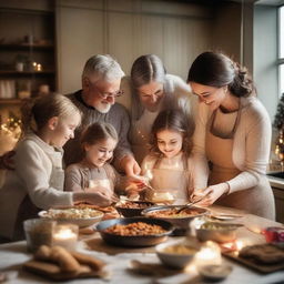 A loving family working together to cook a sumptuous meal in a warm, cozy kitchen, while joyfully exchanging gifts with each other under the glow of festive decorations