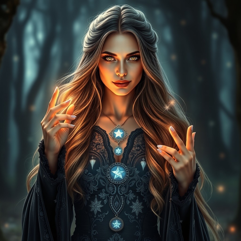 A stunning portrait of a sorceress showcasing her magical powers, dressed in an intricate, flowing gown made of dark fabric adorned with shimmering stars and mystical symbols