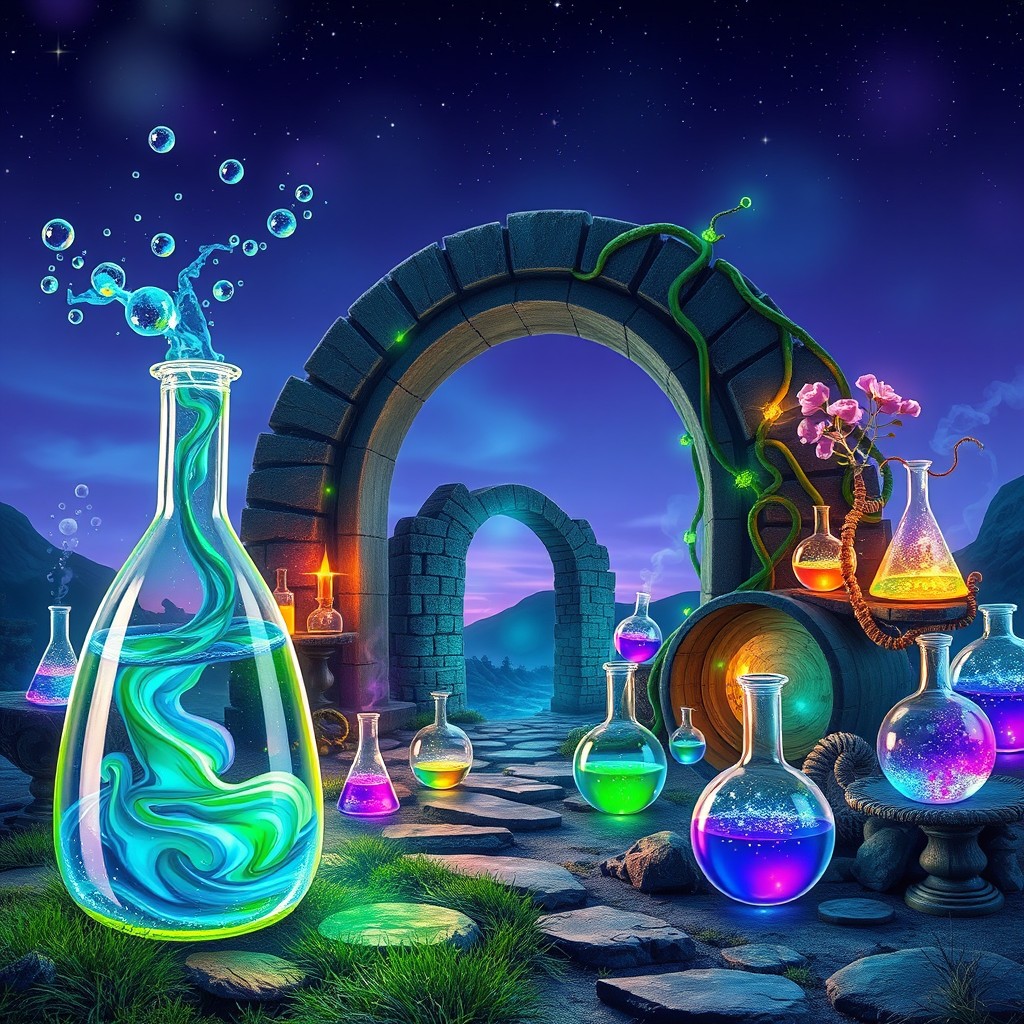 An enchanting scene depicting a mysterious landscape filled with vibrant, magical chemistry lab elements