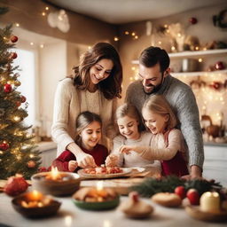 A loving family working together to cook a sumptuous meal in a warm, cozy kitchen, while joyfully exchanging gifts with each other under the glow of festive decorations