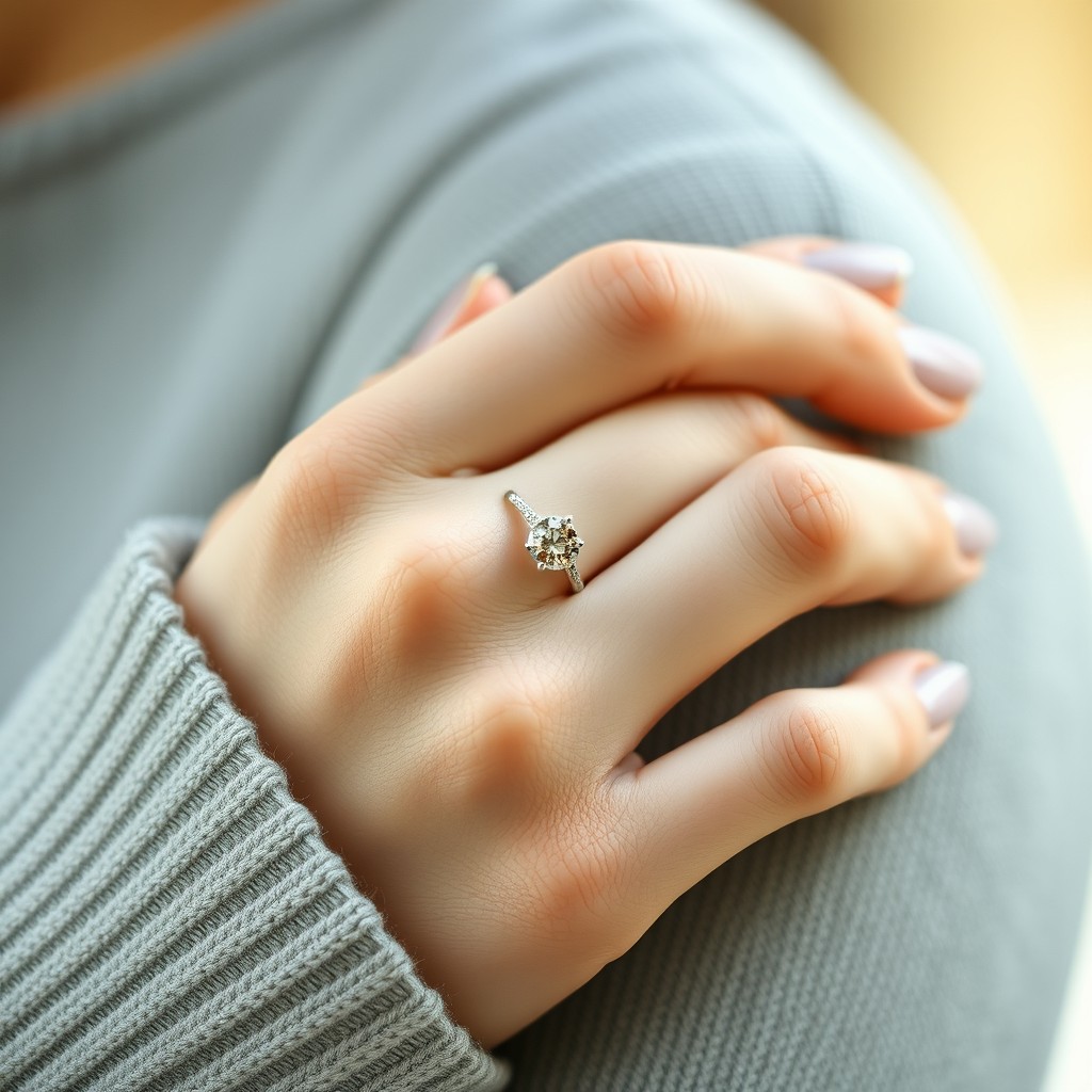 A close-up of a simple silver engagement ring elegantly resting on the hand of a Korean woman