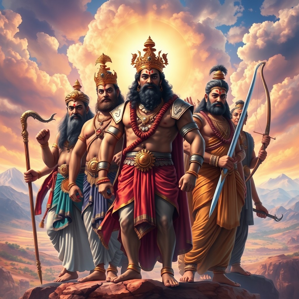 A majestic and powerful scene depicting the Pandavas from the Indian epic Mahabharata, showcasing their heroic features and regal attire