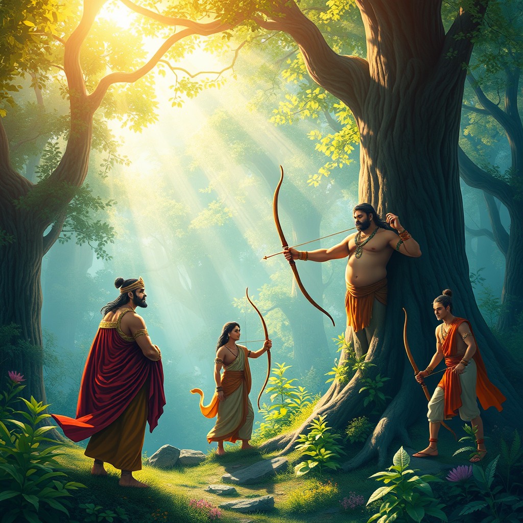 A serene and mystical scene featuring the Pandavas from the Indian epic Mahabharata, set in an enchanting forest