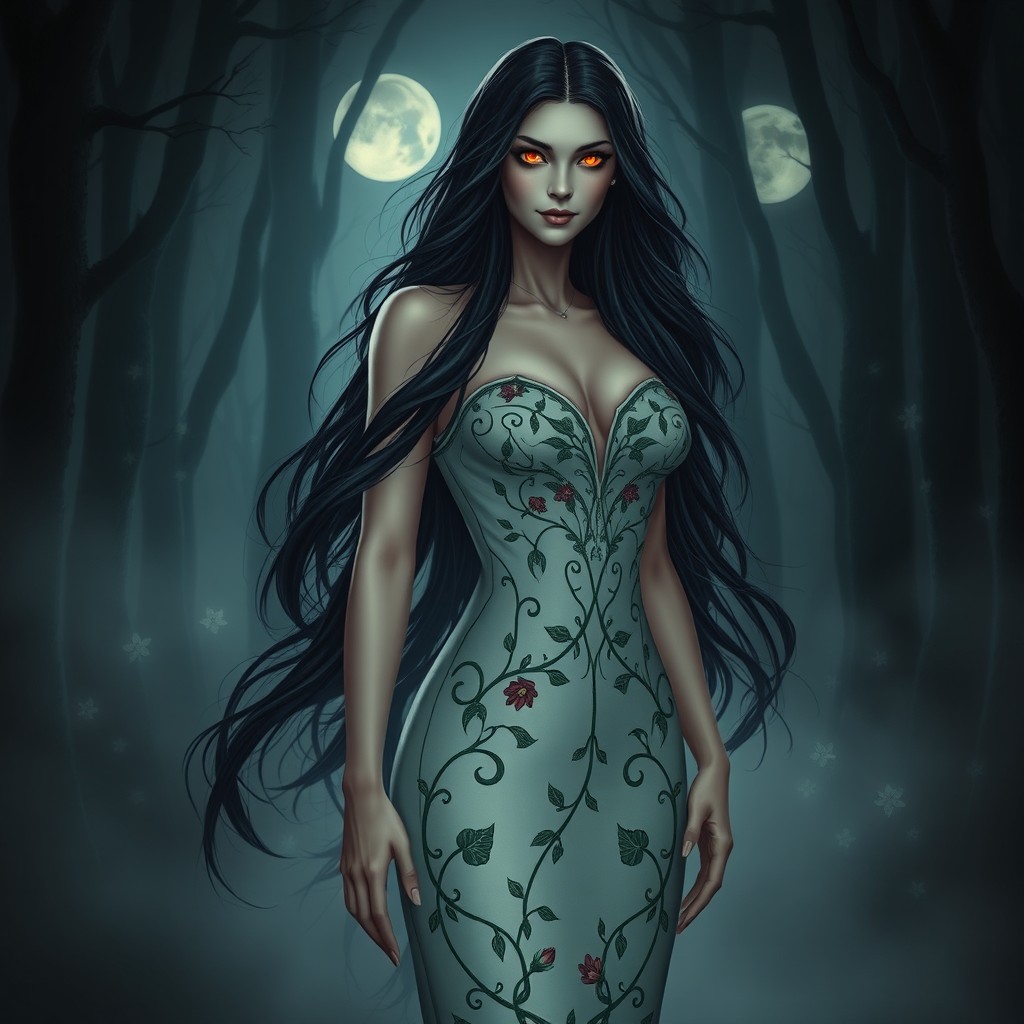 A mythical depiction of Lilith, featuring her with long flowing black hair, glowing red eyes, and an enigmatic smile