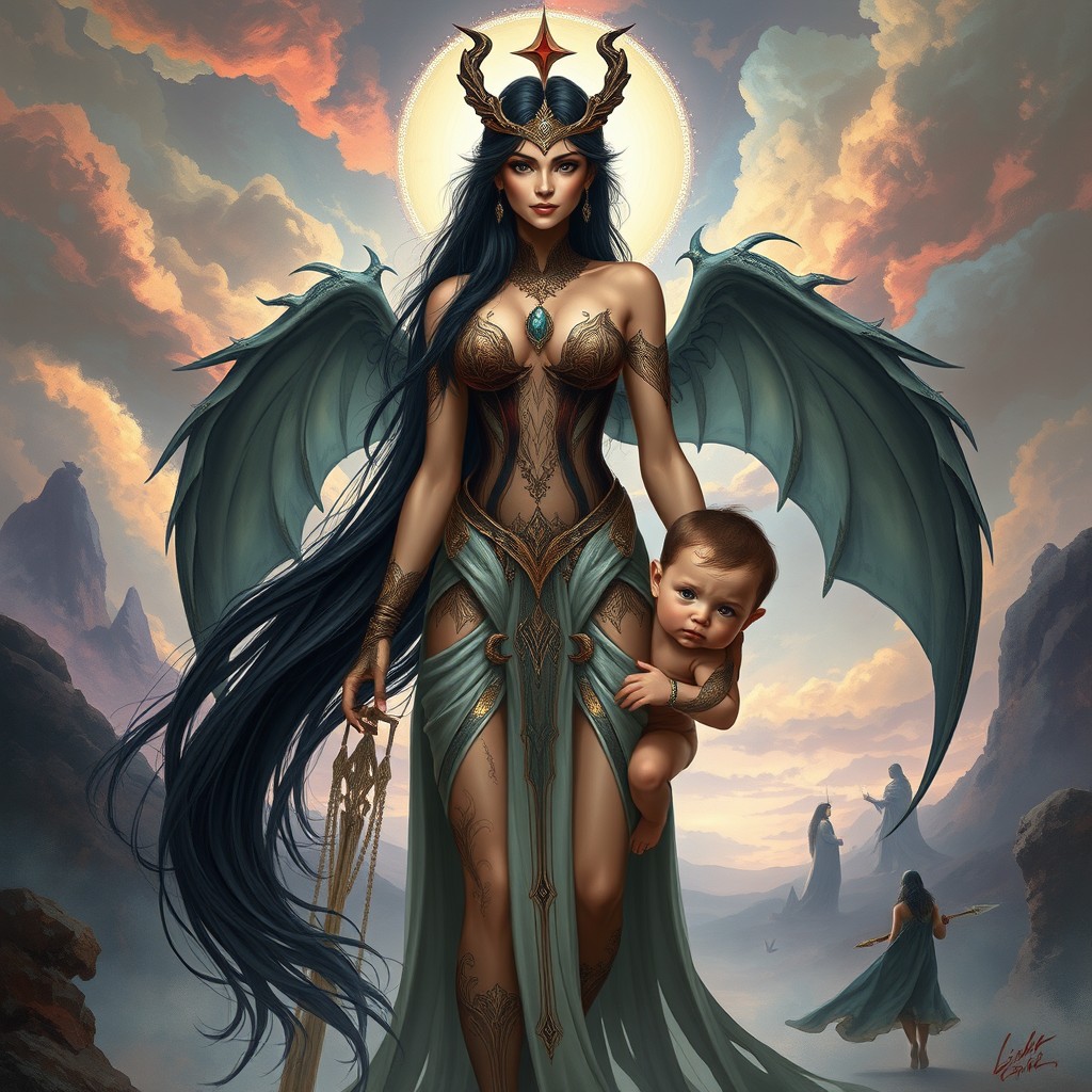 A strikingly beautiful and powerful depiction of Lilith, the mythical figure known for her strength and independence, standing tall with an aura of mystique and enchantment