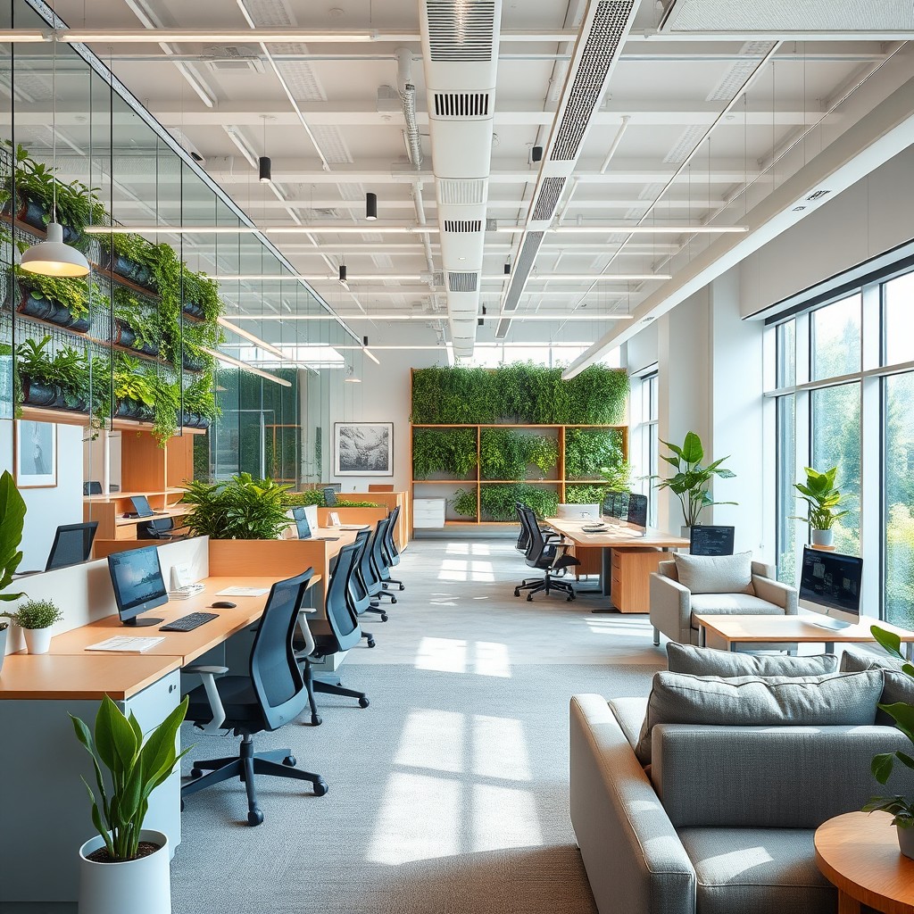 A modern and stylish office interior design with an open concept layout featuring bright and airy spaces